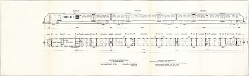 858556 Zijaanzicht en plattegrond van een diesel-electrisch treinstel DE 3 (plan U) van de N.S.